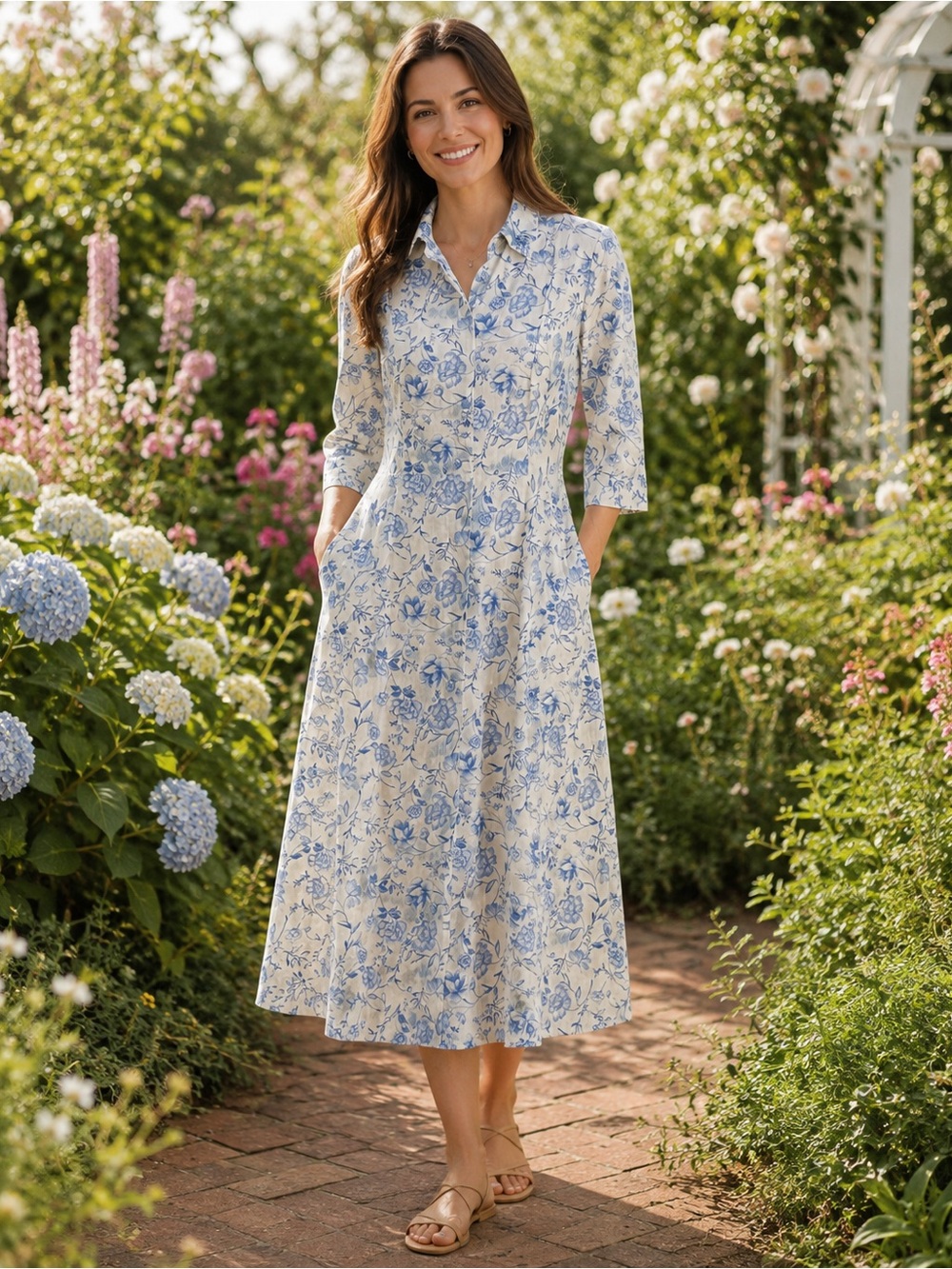 Cynthia Rowley Blue & White Floral Linen Blend Midi Shirt Dress